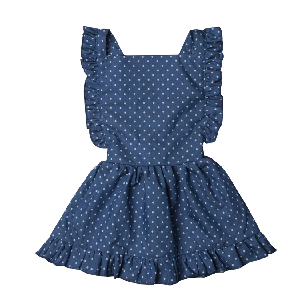 Летнее праздничное платье принцессы в синий горошек без рукавов для новорожденных девочек вечерние платья с открытой спиной и перекрещивающимися на спине От 1 до 6 лет