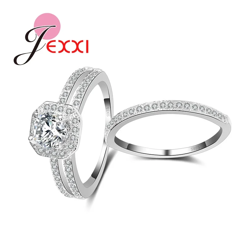 

JEXXI Fashion Jewelry 925 Sterling Silver 2Pcs Engagement Wedding Ring Set Women Bijoux Cubic Zirconia aliancas Crystal