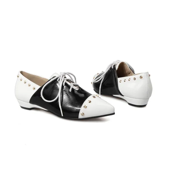 PQECFS/Большие размеры 31-43; модные женские туфли-оксфорды высокого качества на шнуровке, смешанных цветов, с заклепками; 3 цвета - Цвет: white
