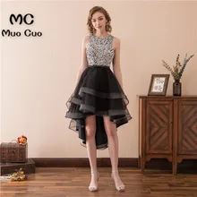 2018 Hi Lo Vestido Preto Prom Vestidos Longos com Frisado Vestido Longo vestido de festa de Noite Formal Vestido de Festa 100% Real