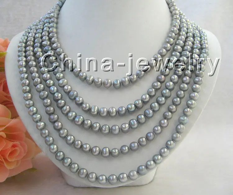 

FREE SHIPPING HOT sell new Style >>>> Beautiful 100" 7-8mm gray round freshwater pearl necklace