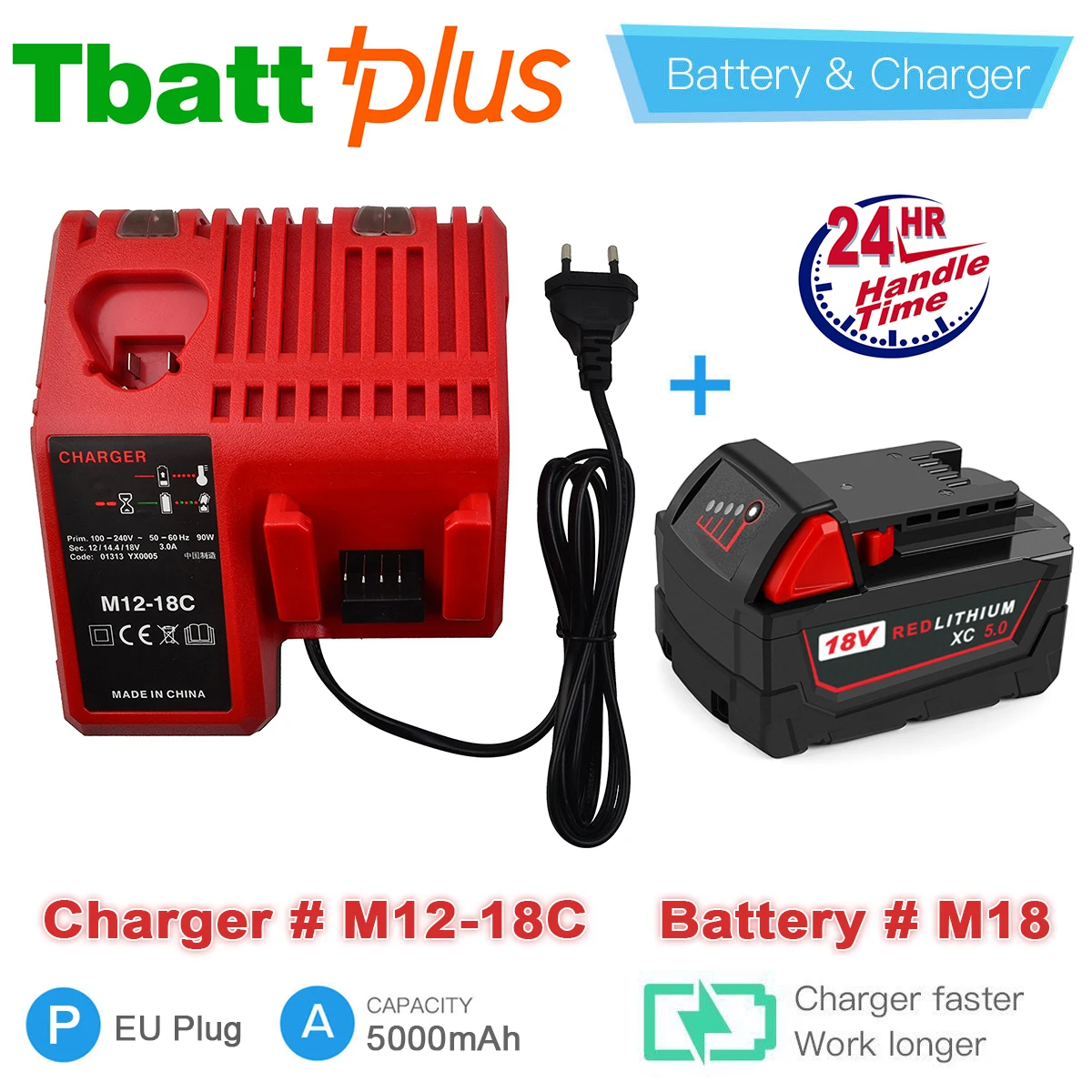

18V 5.0Ah Li-ion Rechargeable Battery for Milwaukee M18 M18B 48-11-1850 & Milwaukee M12-18C charger