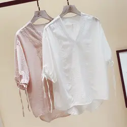 Новая универсальная базовая сексуальная с v-образным вырезом свободная винтажная маленькая рубашка женские рубашки Harajuku Blusas Mujer De Moda 2018