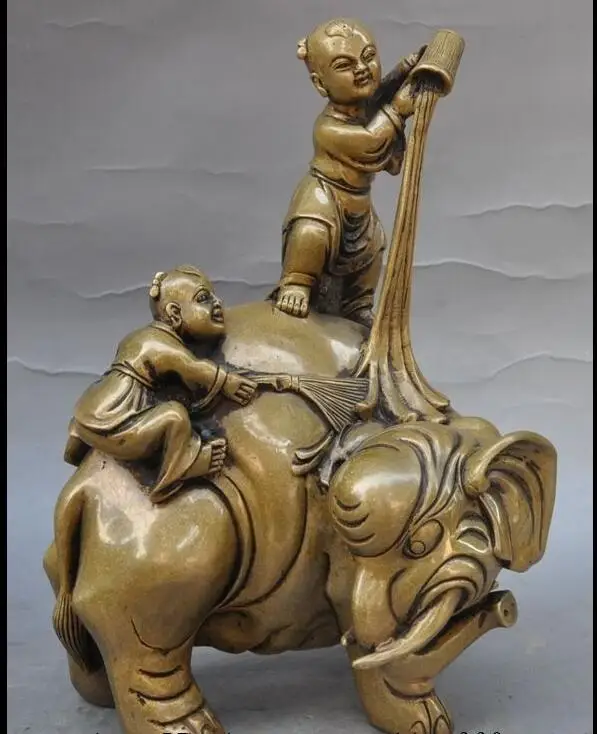 

fafa8800141<<9"Folk Chinese Refined Bronze 2 Tong Zi Boy ride elephant Statue sculpture