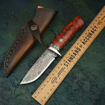 

Damascus Fixed Blade Knife VG10 Steel Core Collection Hunting Tools Amboyna Burl Handle Tactical Survival cool Knive With Sheath