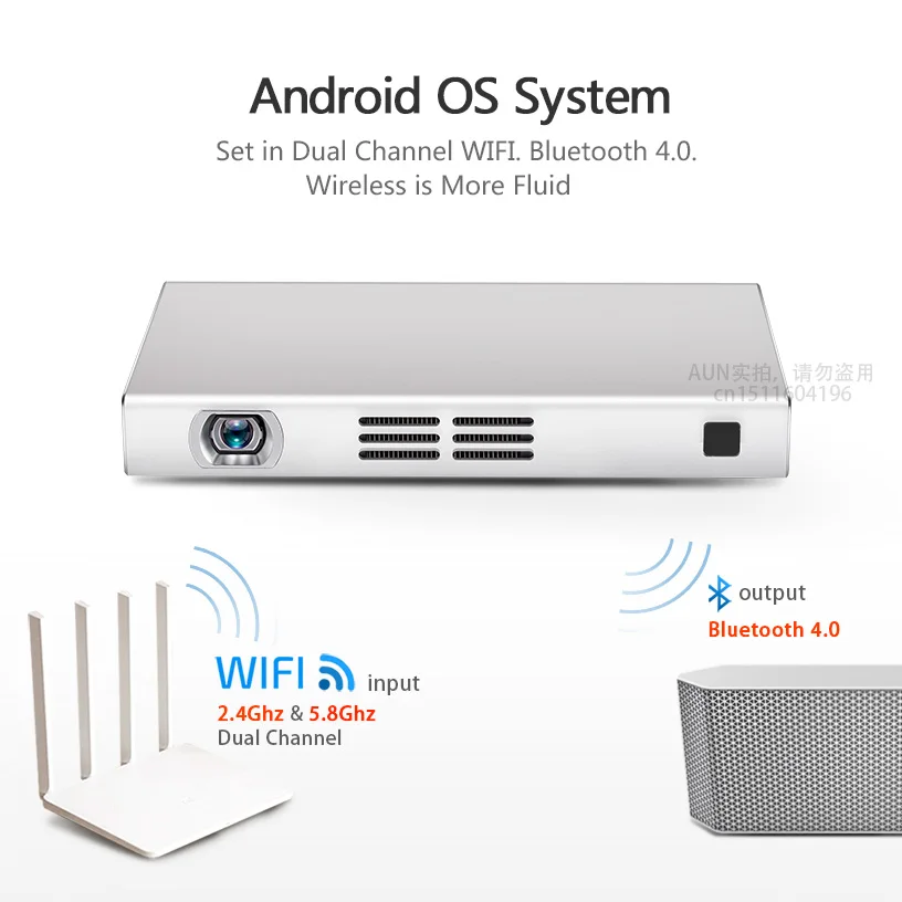 AUN DLP Projector D6S, Portable Beamer Built-in 1080*720, Android 5.1, Bluetooth, 8000mAH Battery. HDMI, USB, SD. (Optional D6I)