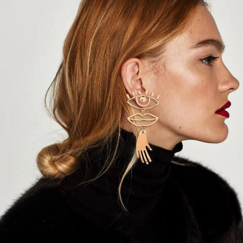 

JAVRICK Geometric Hollow Eye Lip Palm Statement Earrings for Women Abstract Face Jewelry