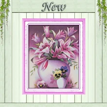 Розовая ваза с цветами, лилии, рисунок Печать на холсте DMC 11CT 14CT набор крестиков, набор для шитья все для вышивки. Красивые цветы