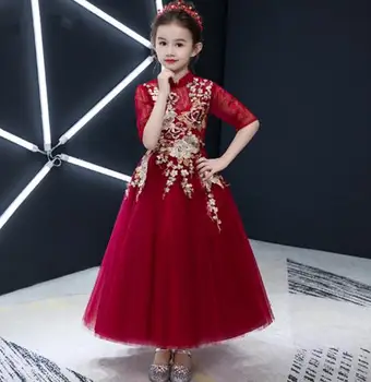 

summer brand Handmade Lace flower evening dresses Vestido Daminha Casamento Red/Gray Ball Gown wedding Girl Dresses 4-12Y