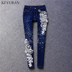 Весна осень и зима ретро женские джинсы с вышивкой цветы блестками алмаз узкие джинсовые брюки L2889