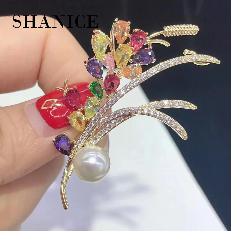 

SHANICE High-grade CZ Zircon Red/Yellow Wheat Flowers Brooch Pins Crystal Pearl Bridal Wedding Brooches For Women Jewelry