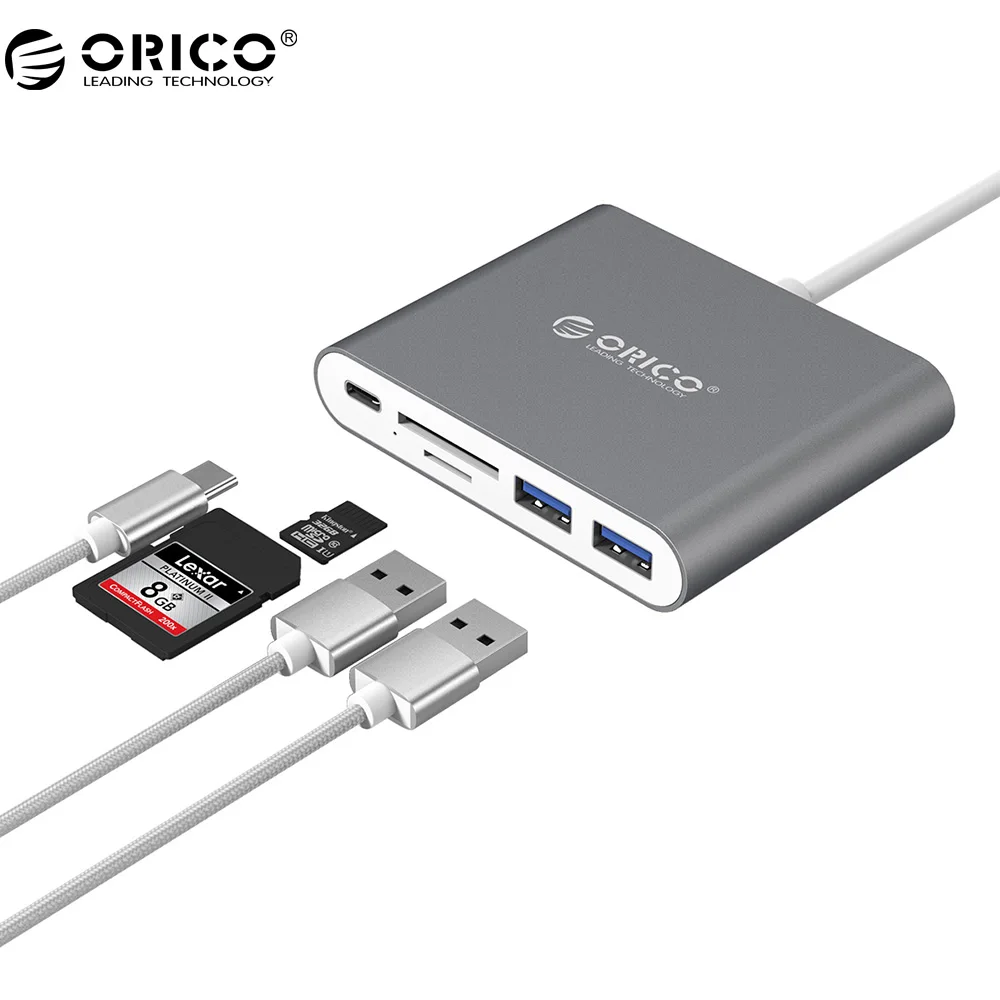 

ORICO Aluminum Type-C HUB with Card Reader USB3.1 Gen1 with 2 USB3.0 Ports Support OTG Function (RCC2A)