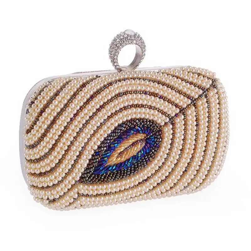 

Luxury pearl beaded leaves clutch bag finger ring women evening bag wedding hand bag party purses clutch with two chain sac