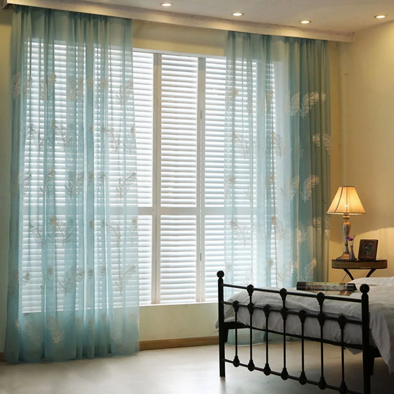 New White/Blue Feather Embroidered Voile Curtains for Living Room the Bedroom Sheer Curtains Tulle Window Fabric Drapes