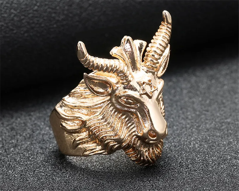 Gold Модное кольцо в виде большой овцы, козы, роговой головы, поклонение сатане, Бафомет, Овен, Зодиак, Wicca, звезда для мужчин, уникальное, байкерское, панк, животное, ювелирное изделие - Цвет основного камня: Gold