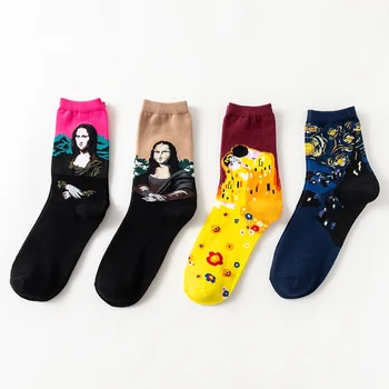 

4 Pair/set Retro Women Personality Art Mural Oil Painting World Famous Painting Male Socks Funny Happy Cotton Long Socks Gifts