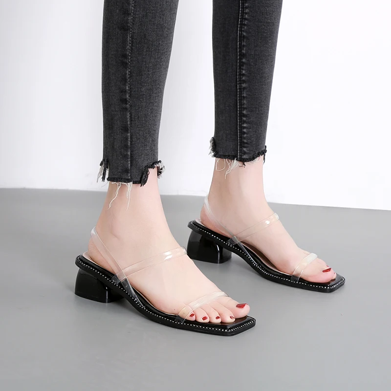 

6cm Chunky Heel Women Ankle Strap Gladiator Sandals Fashion Transparent Sandals Casual Rivet Women Summer Shoes Black Sandals