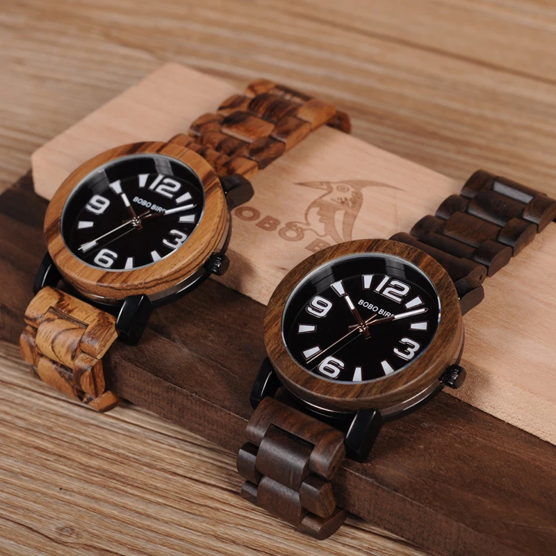 BOBO BIRD Antique Mens Wood Watches Steel Case Wooden Bezel Wristwatch with Wooden Band in Gift Box