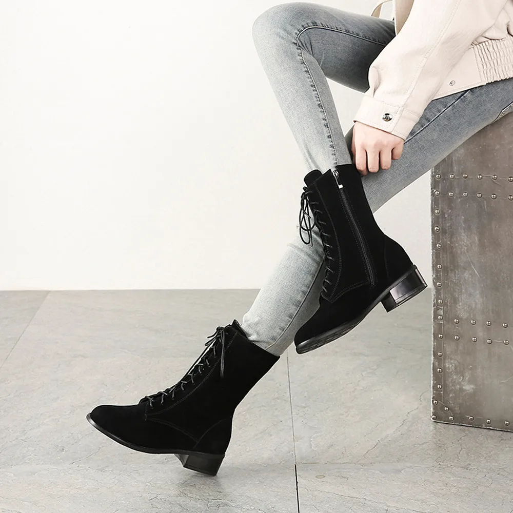 

winter boots women round toe solid square heel women shoes mid-calf lace-up zip booties fashion designer botas mujer #0829