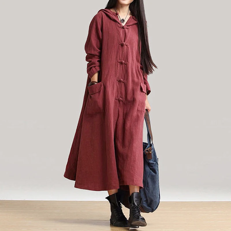 Cena Luźna sukienka z płótna z długim rękawem kobiety Vestidos Plus rozmiar kobiety odzież długa bluza z kapturem sukienka duże rozmiary 4XL 5XL Maxi sukienki