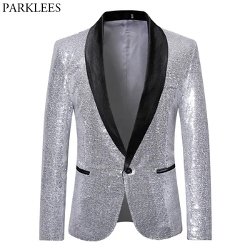 

Sliver Sequin Glitter Blazer Jacket For Men Single Button Shawl Lapel Male Dress Coats Wedding Singer Costumes Blazers Masculino