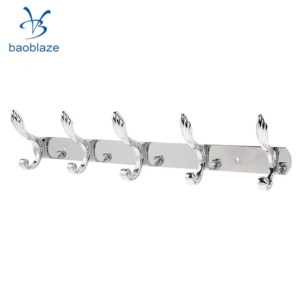Baoblaze Wall Mounted Hook Door Hanger Coat/Hat/Clothes/Robe/Towel Hook Metal Hanger Rail Rack Holder with 5 Hook