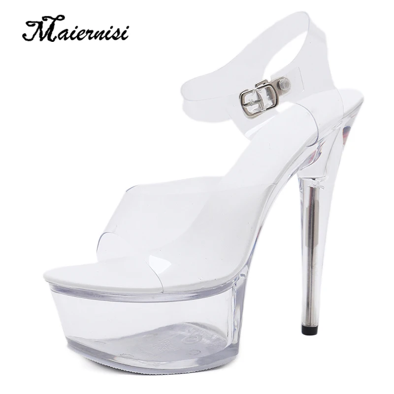 

MAIERNISI Women Sandals Platform Transparent Straps Stilettos Model T Stage Show Thin High-heeled Shoes Dancing Nightclub Shoes
