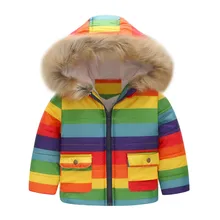 Красивое модное пальто для маленьких девочек и мальчиков; зимняя теплая куртка в полоску с радугой; ветрозащитное пальто с капюшоном; милая детская одежда