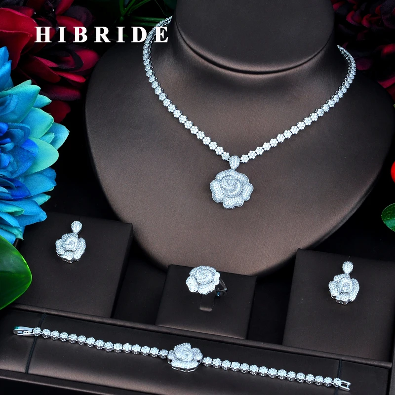 

HIBRIDE новый красивый большой цветочный дизайн белый золотой цвет Свадебные Ювелирные наборы для женщин Свадебные аксессуары Подарки для вечеринок