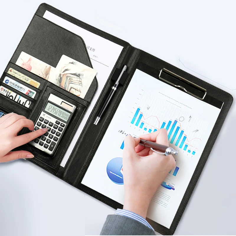 

A4 Leather Padfolio Folder Multi Function Portfolio with Clipboard Holder For Card/Calculator/Postcard/Paper File Folder Storage
