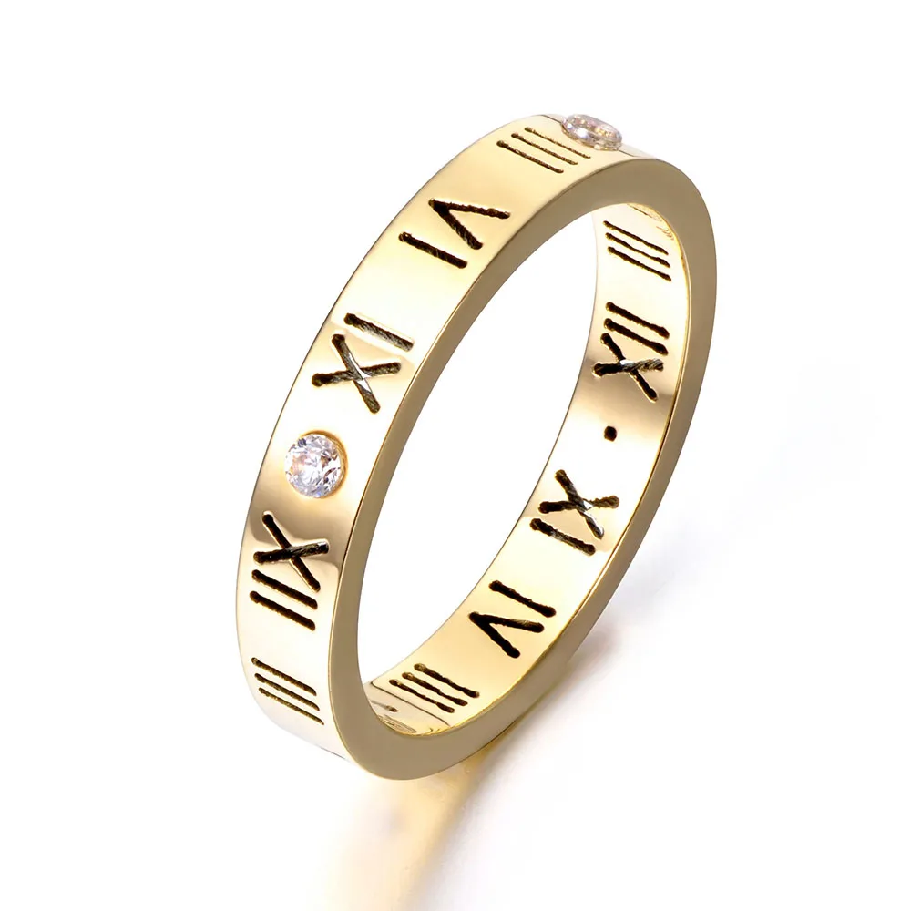 

JeeMango Roman Numerals Ring Jewelry For Women Rose Gold/Gold/Silver Color Stainless Steel Cubic Zirconia Wedding Rings R17158