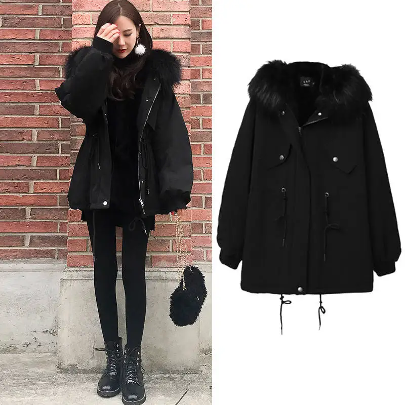 

2019 winter jacket women Coats big Fur Collar Hooded Adjustable Waist streetwear Casual black Women Parka