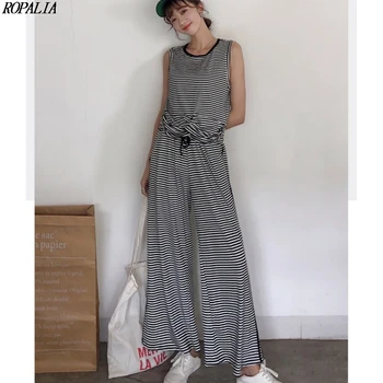 

Women Black White Striped Summer Print Tank Top + Elastic Waist Drawstring Loose Ankle-Length Wide Leg Pants Set
