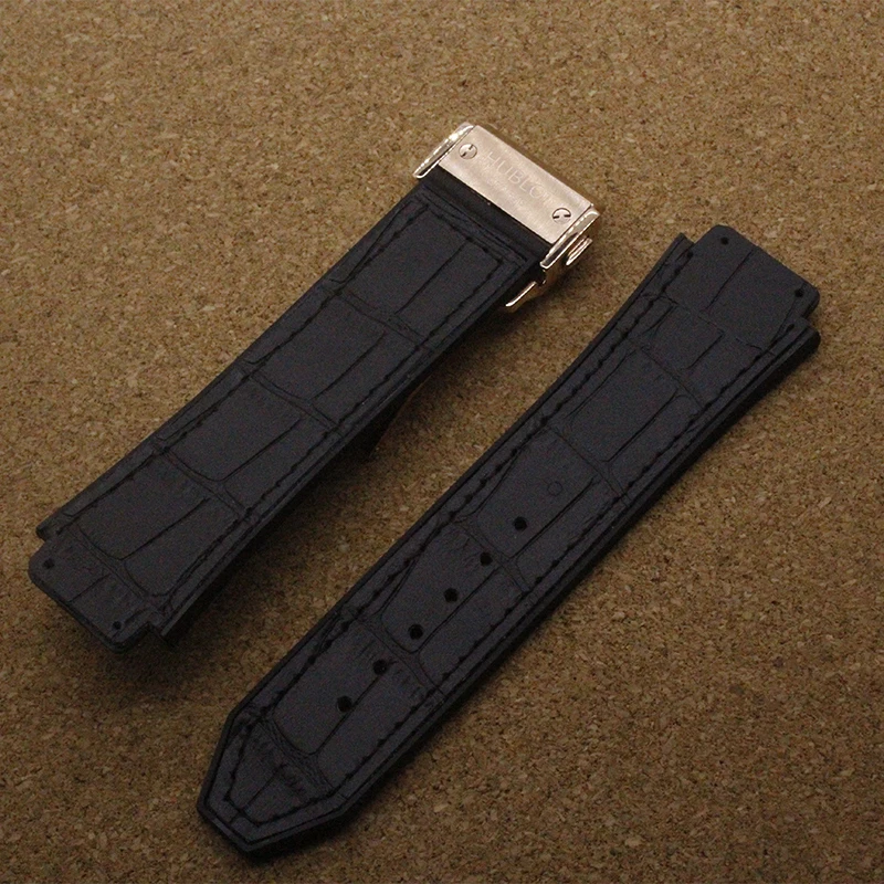 26mm lug 19mm silicone bottom watch strap rubber Leather watchband waterproof black with Rose gold buckle