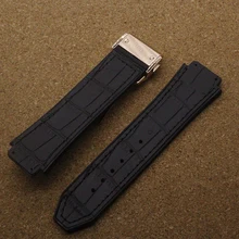 26mm lug 19mm silicone bottom watch strap rubber Leather watchband waterproof black with Rose gold buckle