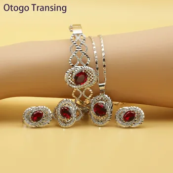 

Otogo Transing 2019 Round Red Cubic Zirconia Silver Color Jewelry Sets For Women Earring Pendant Necklace Ring Bracelet SET211