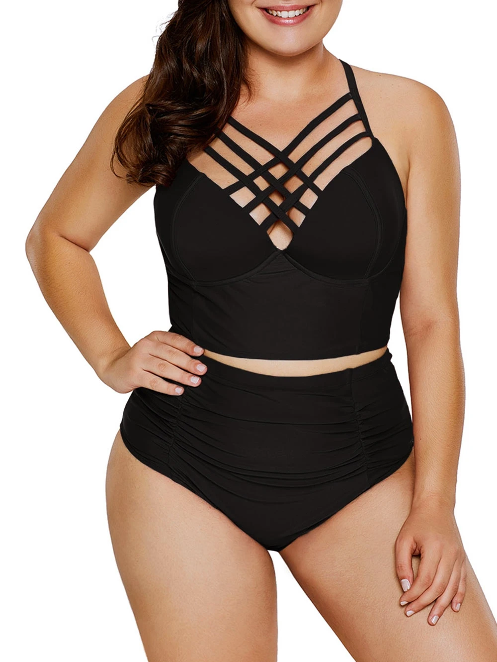 

Plus Size Criss Cross Underwire Women Set Spaghetti Strap High Waist Briefs Swimsuit Beach Wear Women Tankini Set