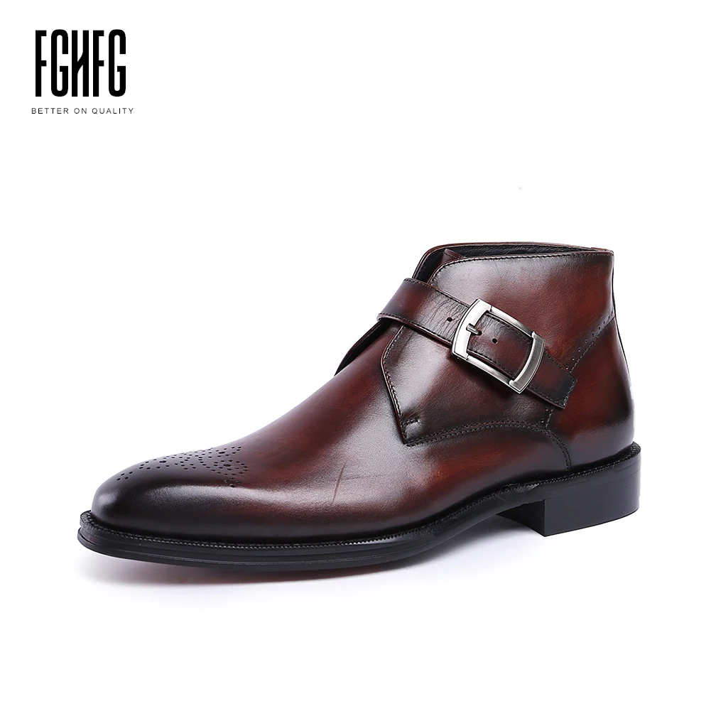

Men's Ankle Boots Cowhide Leather Retro Leather Boots Square Toe Wedding Business Dress Rubber Sole Buckle Strap 2018 New