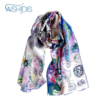 

Fashion Wrap Shawl 100% Silk Crepe Long Scarf Women Oil Painting Scarves Handwork Hem Headband Printed Pattern