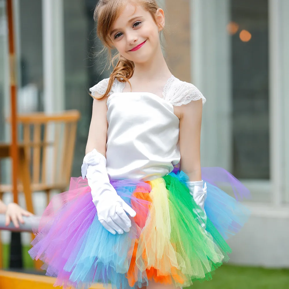 Rainbow Colorful Girls Tutu Set Ivory Bodice Top with Tulle Skirt Baby