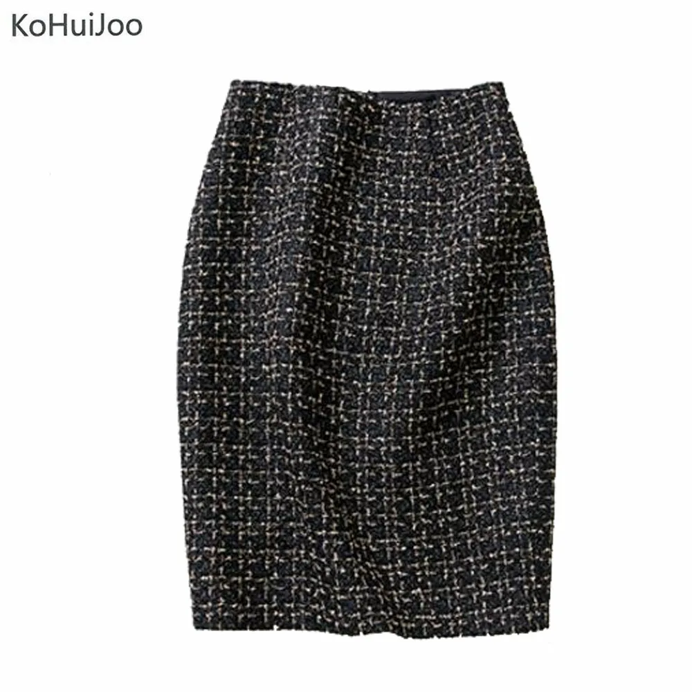 KoHuiJoo осень зима Goldn Лоскутная твидовая юбка для женщин тонкая высокая талия карандаш шерстяные юбки для женщин офисная Рабочая Юбка S-2XL