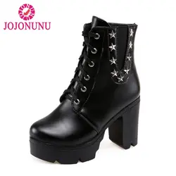 JOJONUNU/Модные женские ботильоны на шнуровке с круглым носком, обувь на высоком каблуке, зимние теплые женские мотоциклетные ботинки на
