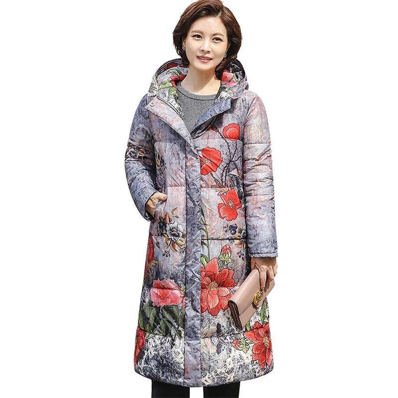 

Winter parkas middle aged female print Down cotton jacket Plus size 5XL Thicken coat Hooded tops women warm Cotton-padded jacket