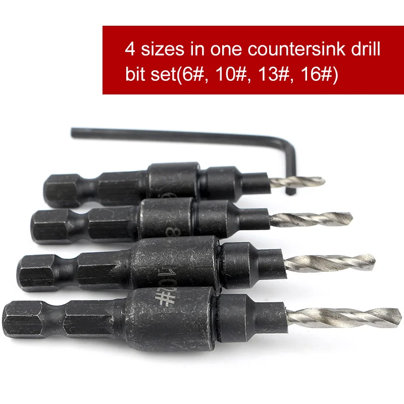 4pcs/set Carpentry Countersink Drill Bit Set Woodworking Tools #6 #10 #13 #16 Wood Drilling