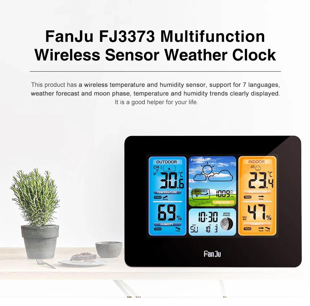FanJu FJ3373B ЖК-дисплей Беспроводная метеостанция Будильник Цифровой термометр гигрометр барометр Погода ежедневный будильник настенный тип
