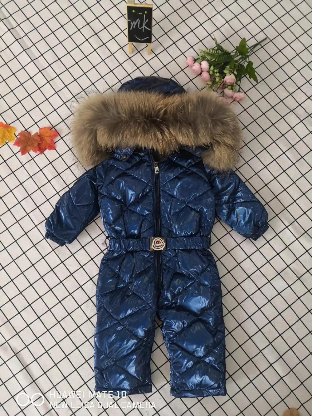 70cm-150cm Real fur hooded baby outergoing Winter children jumpsuit snow suit girl down boy Baby coveralls ski suit