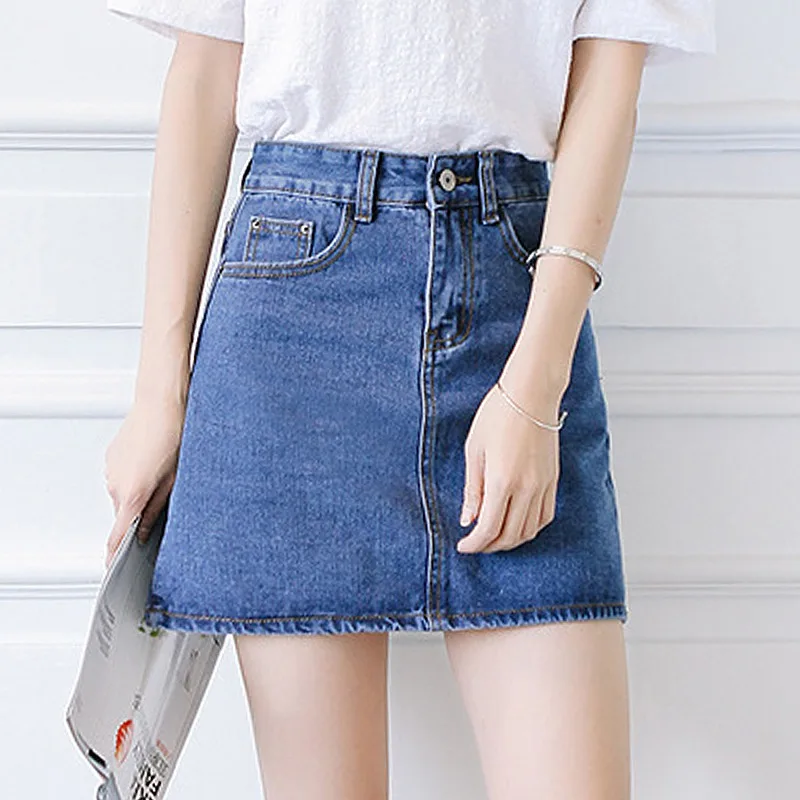 

2019 Summer High Waist Skirts Womens Pockets Button Jeans Skirt Plus Size Casual Denim Skirt