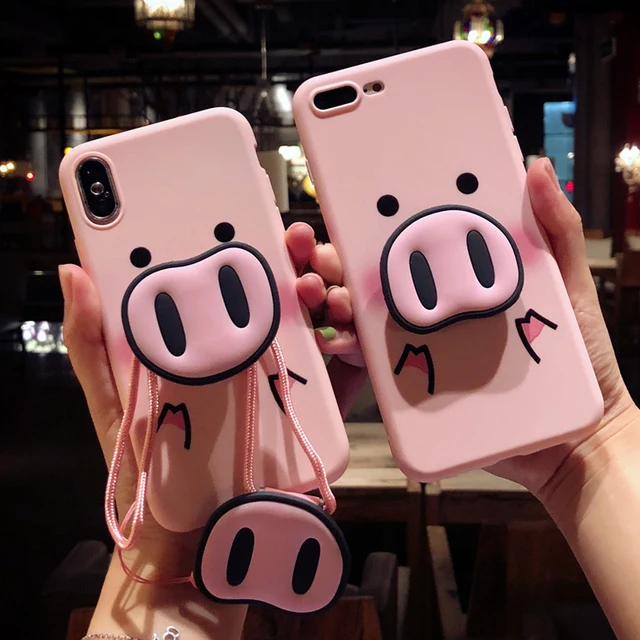 Best Offers Cute Pink Case For iPhone X 7 Plus XS 10 Case Silicone Phone Stand Holder Cover For iPhone 6S 8 6 Plus XS Max Case Pig Lanyard