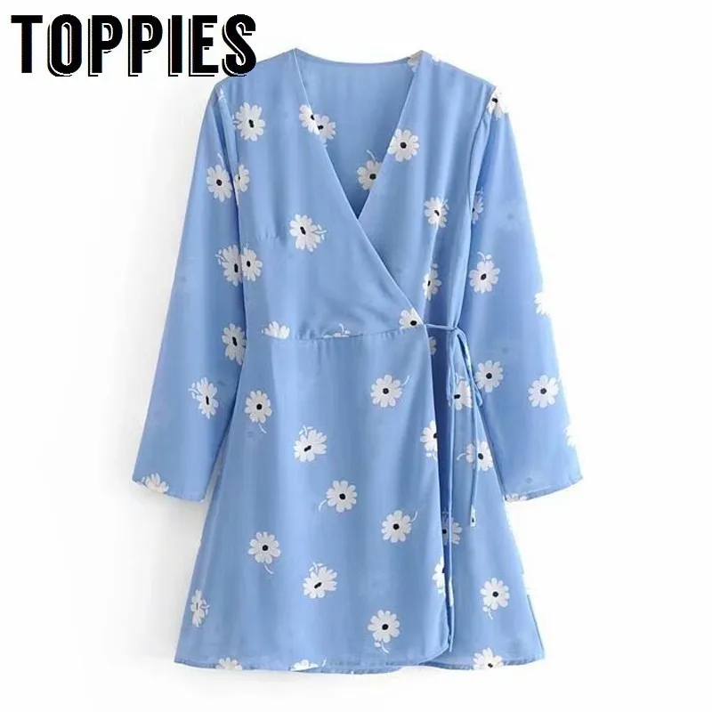 

Summer Blue Mini Dress Lace Up Waist Daisy Printing Wrapped Dress Women Vacation V Neck Smocks