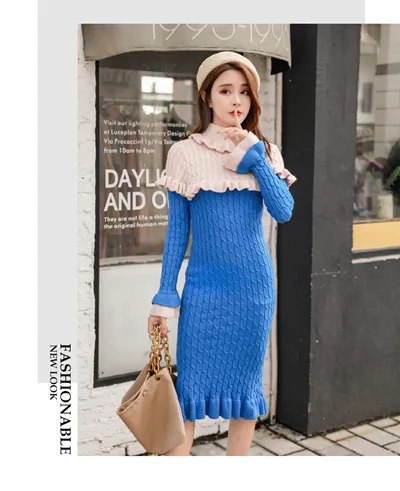 Модное Элегантное Длинное вязанное платье-свитер с высоким воротом, зимнее женское вязанное облегающее платье с оборками в стиле пэчворк, плотный пуловер - Цвет: picture color